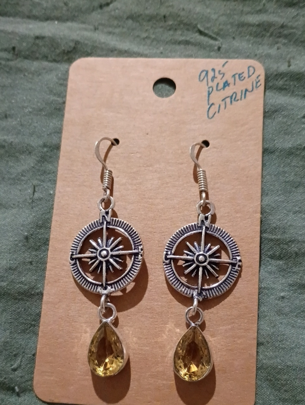 925 Plated Compass Wheel Drop Earrings with Citrine Teardrop